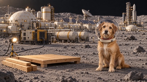 Illustration of a dog on a moonbase beside the unfinished wooden base of its doghouse.