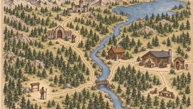 A hand-drawn map connects a trailhead, bridge, library, castle and workshops with dashed paths. One path continues off the right edge.