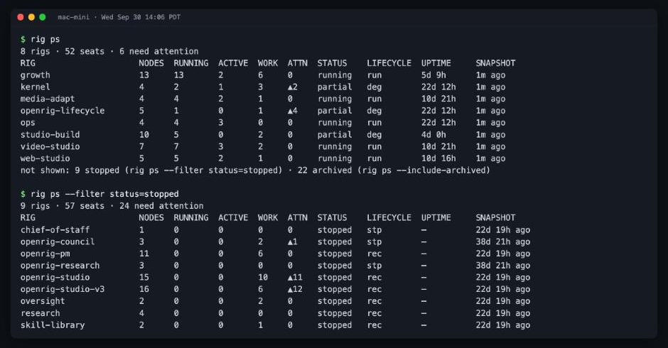Terminal roster on one Mac mini showing running and stopped agent seats.