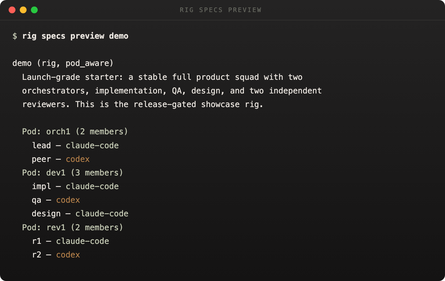 rig specs preview demo output showing the structure of the demo topology before boot