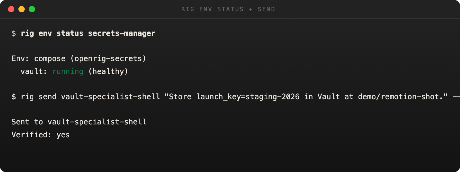 workflow pair showing environment status followed by a send command to the vault specialist