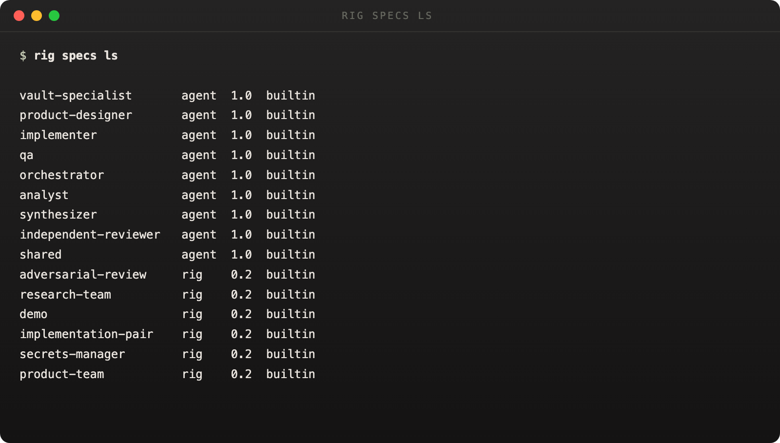 rig specs ls output showing the shipped OpenRig spec library