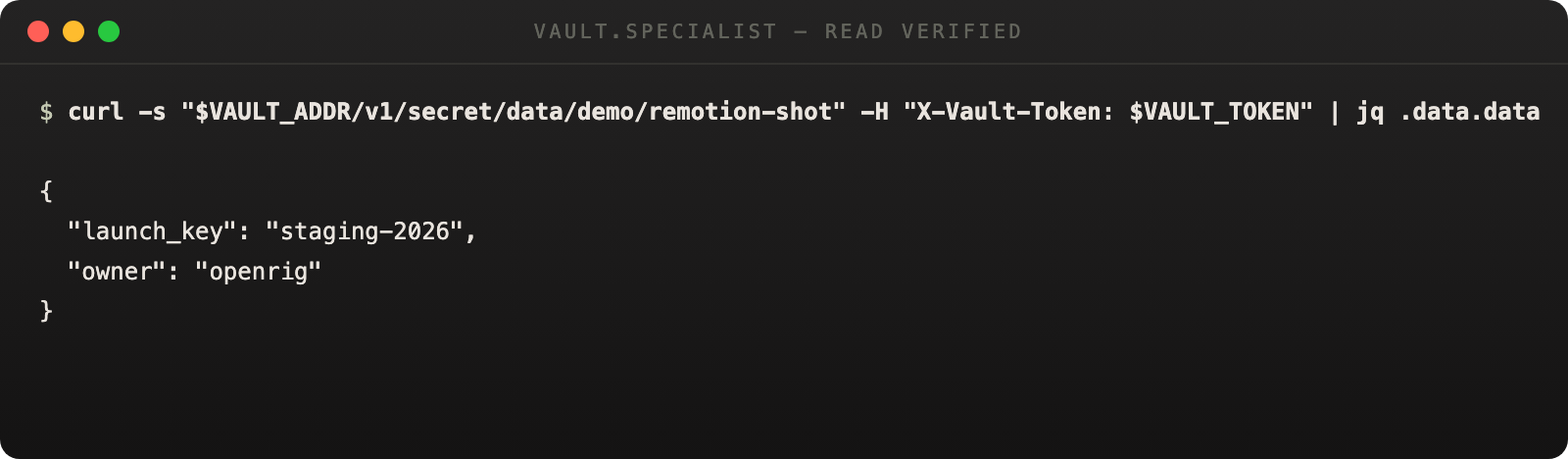 terminal output from the vault specialist agent confirming the requested vault secret